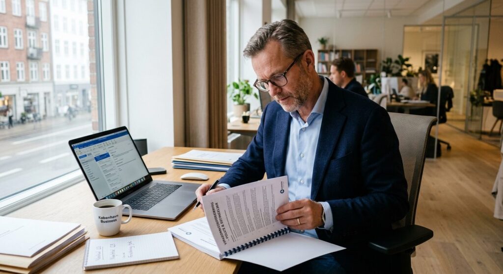 Selvstændig virksomhedsejer gennemgår forsikringspapirer ved skrivebord for at vurdere dækning og priser