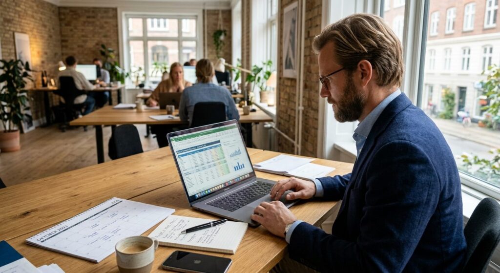 Dansk virksomhedsejer analyserer budgetplanlægning og økonomisk løbetid før virksomhedsstart