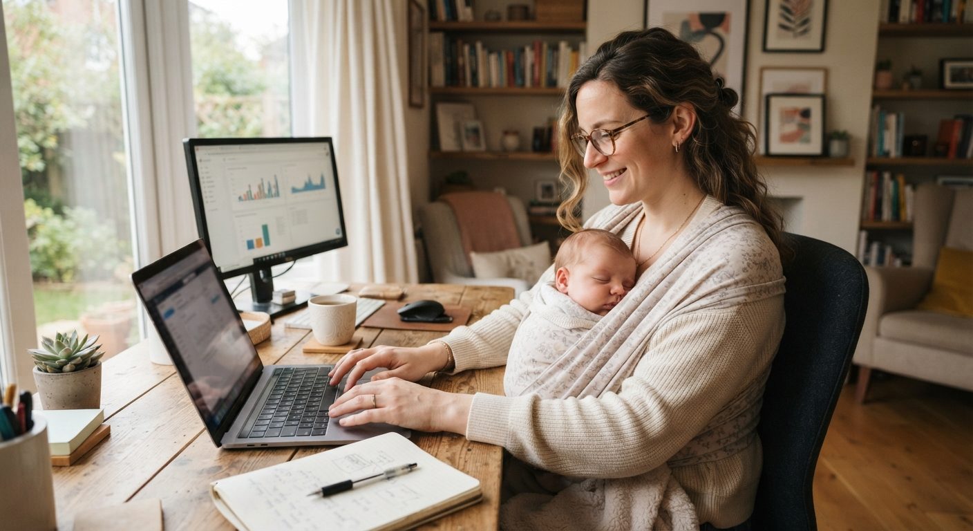 Selvstændig forælder på barsel arbejder hjemmefra med sit barn