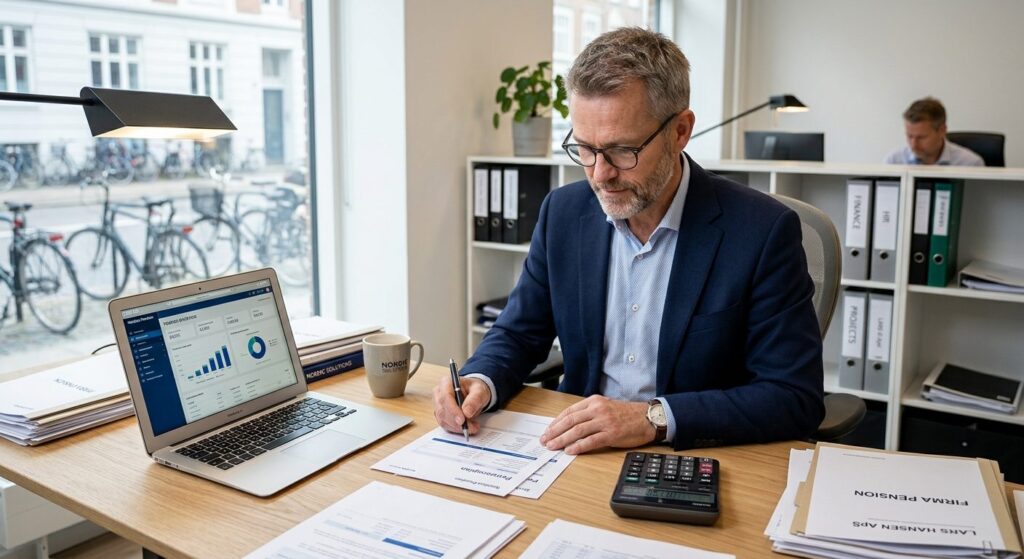 Virksomhedsejer gennemgår dokumenter om pension udbetaling for medarbejder