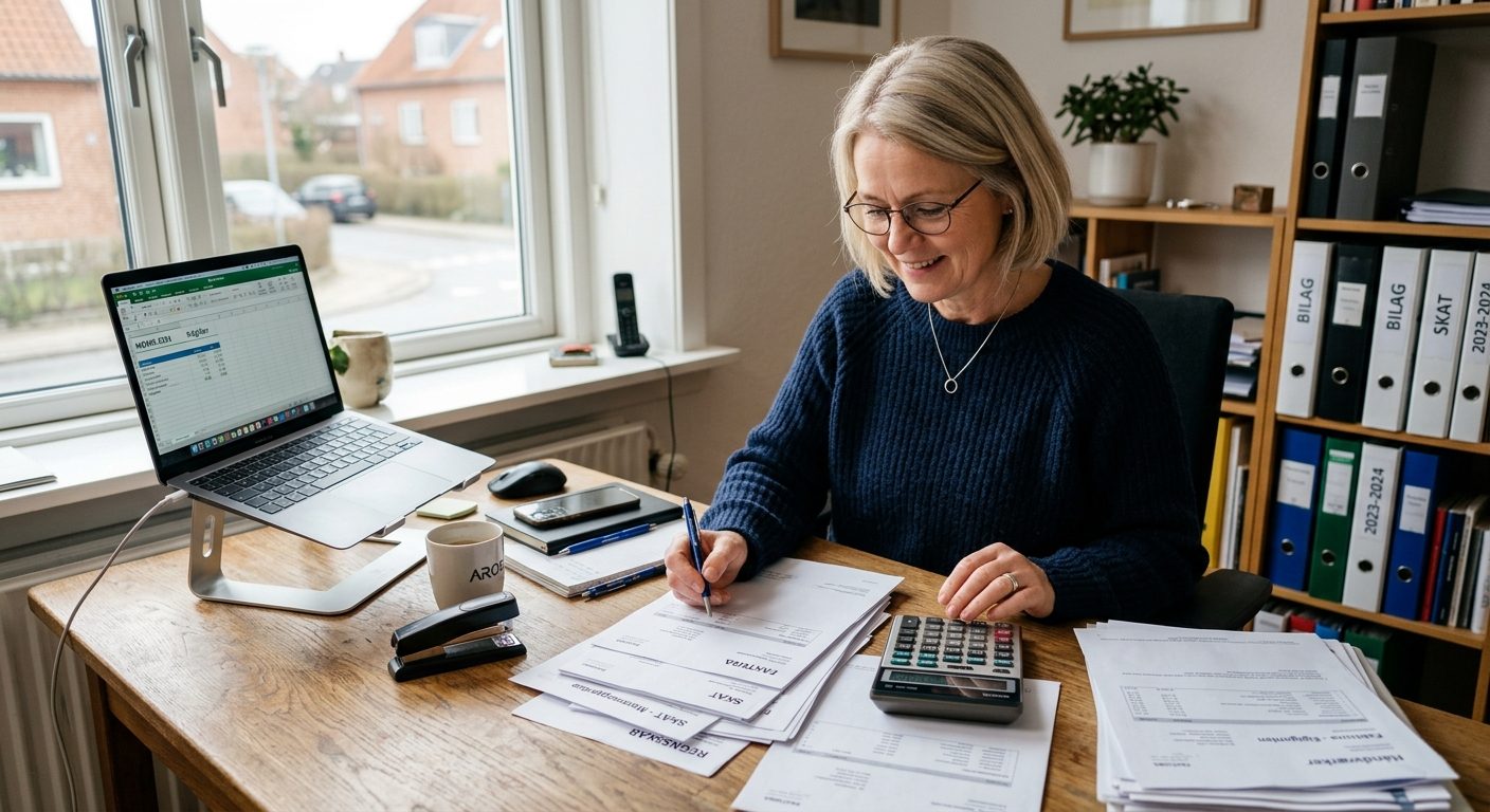 Virksomhedsejer gennemgår dokumenter for momsregistrering af sin virksomhed
