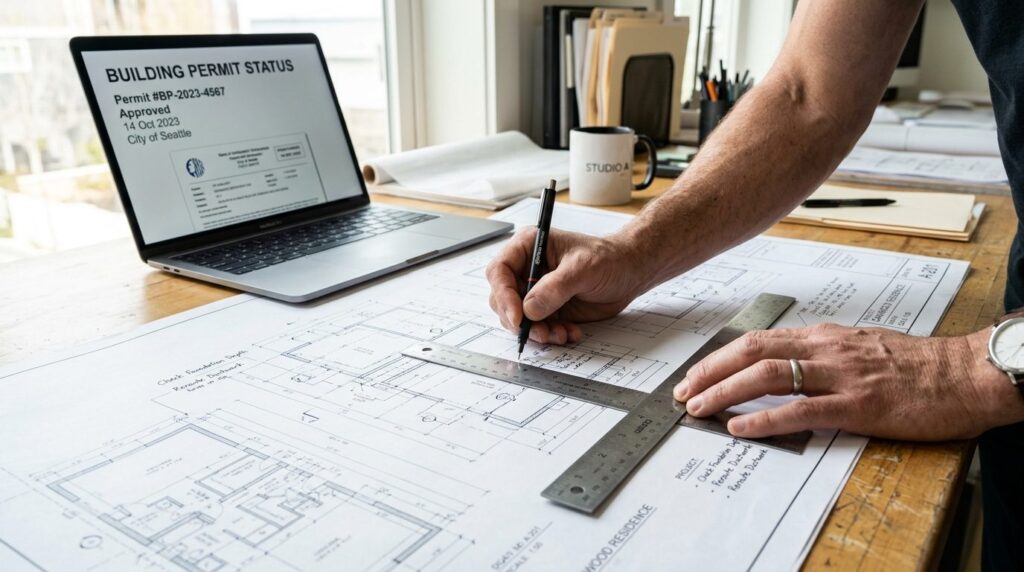 Close-up of an architects hands reviewing technical constru