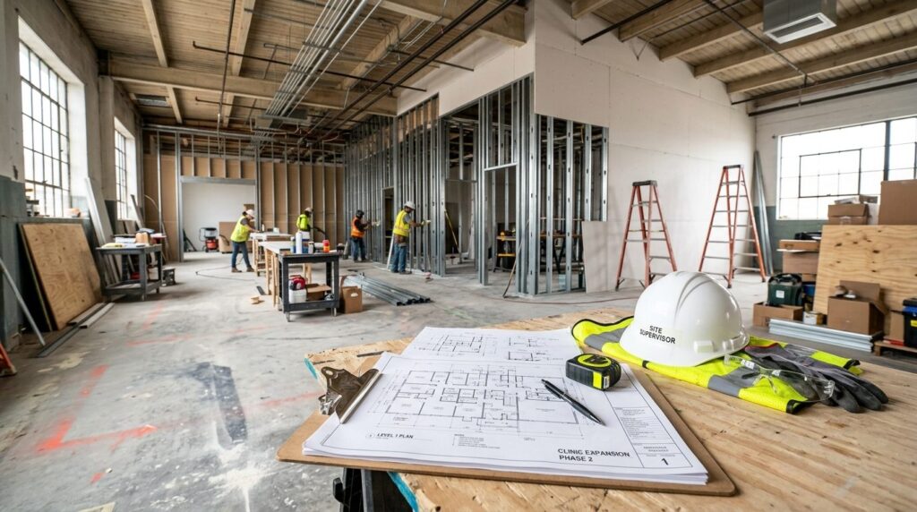 Interior view of a commercial warehouse or clinic space unde