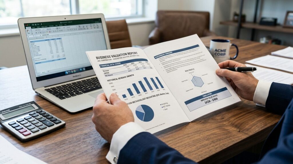 Close-up of hands holding a business valuation report with f