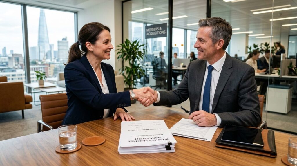 Business owner shaking hands with potential buyer or investo