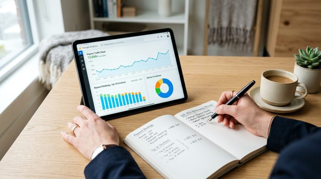 Close-up of business professionals hands analyzing SEO metr