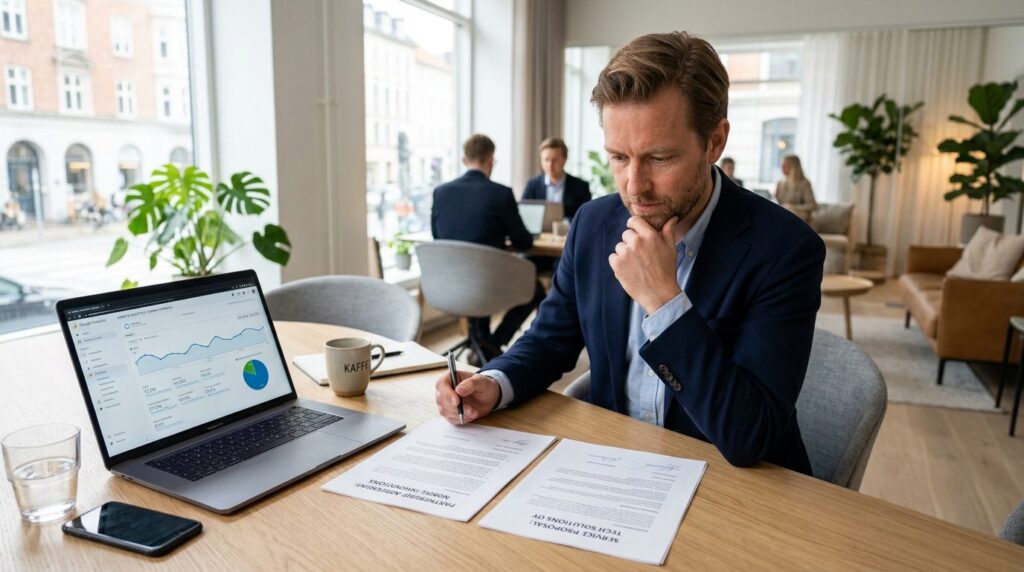 Thoughtful Danish entrepreneur at desk comparing two contrac