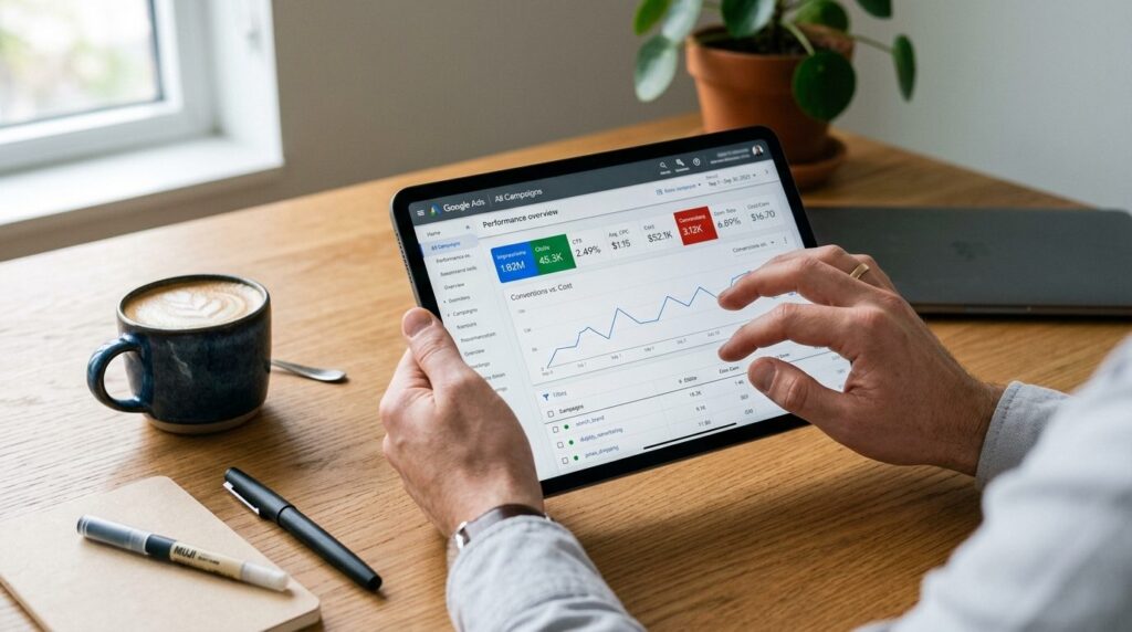 Close-up of hands holding tablet displaying Google Ads perfo