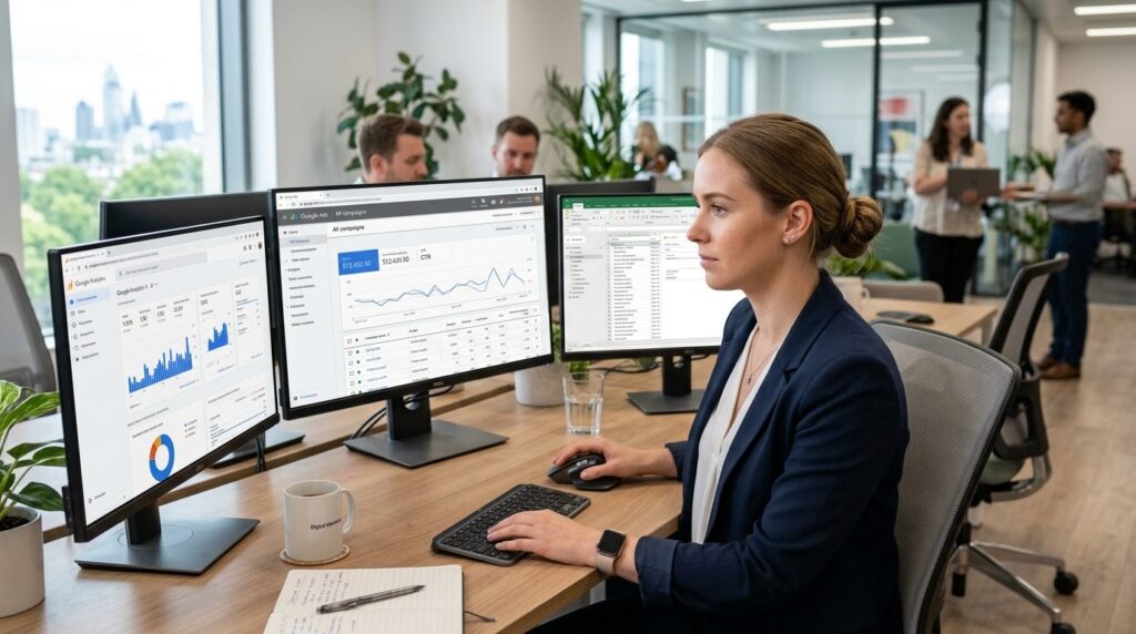 Female digital marketing professional working at computer sc