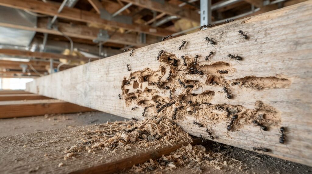Close-up photorealistic image of carpenter ants on wooden be
