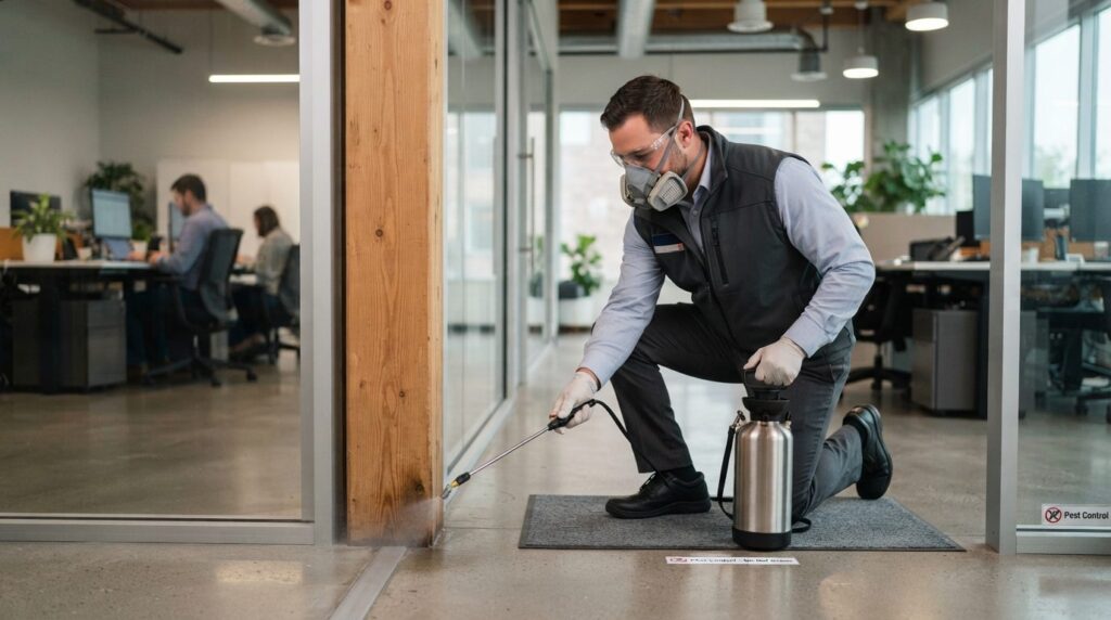 Professional pest control technician in business attire spra