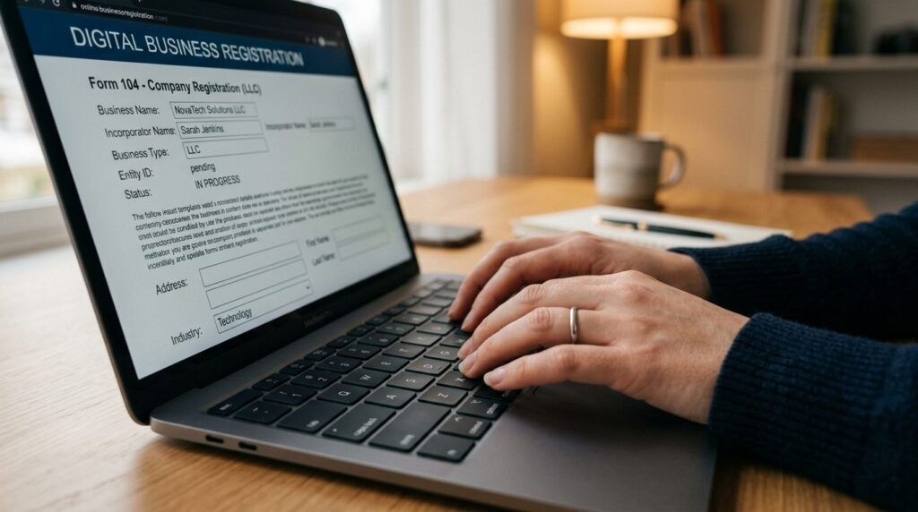 Close-up shot of hands typing on a keyboard with a laptop sc