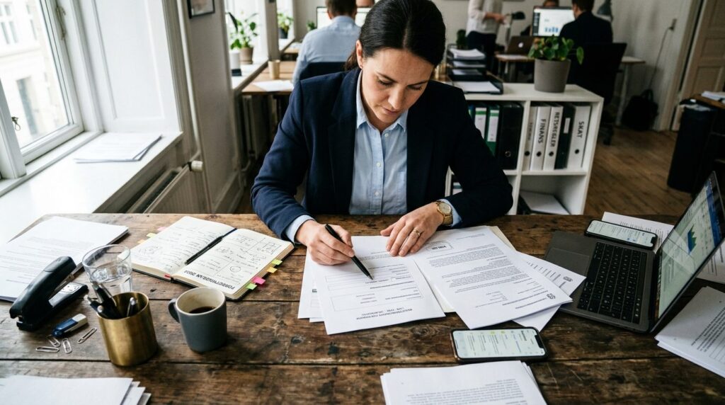 Overhead view of a business owner reviewing printed company 