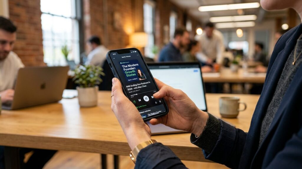 Close-up of hands holding smartphone with podcast app open, 