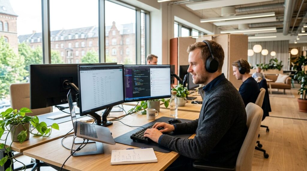Young Danish startup founder sitting at desk with multiple m
