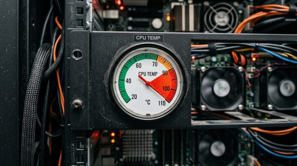Termometer på serverprocesor viser stigende temperatur.