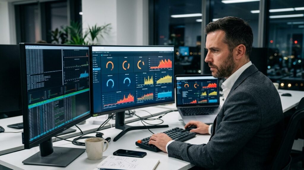 Person ved skrivebord følger onlinebutikkens dashboard på computerskærm.