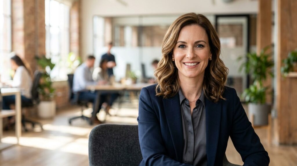Confident female business founder in polished professional h