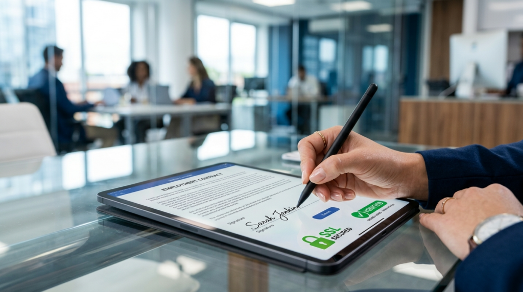 Close-up of a businesswomans hand signing a digital documen