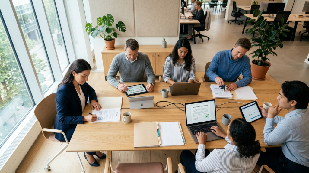 Top-down view of multiple business professionals around a co