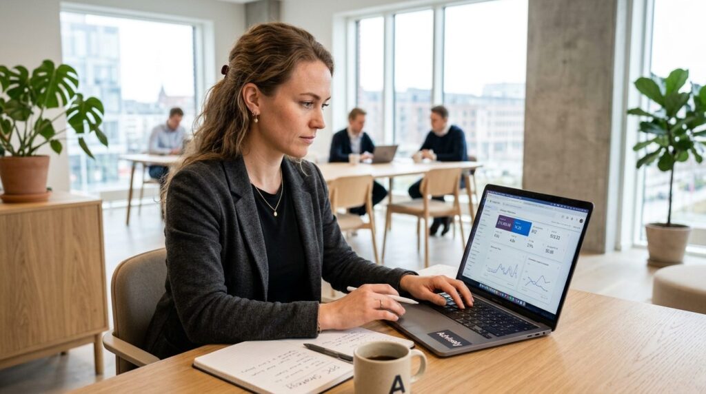 Photorealistic stock image of a female startup founder analy