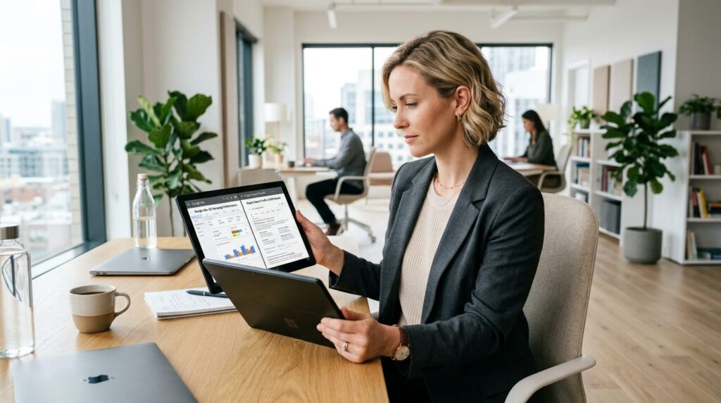 Professional stock photo of business owner comparing marketi
