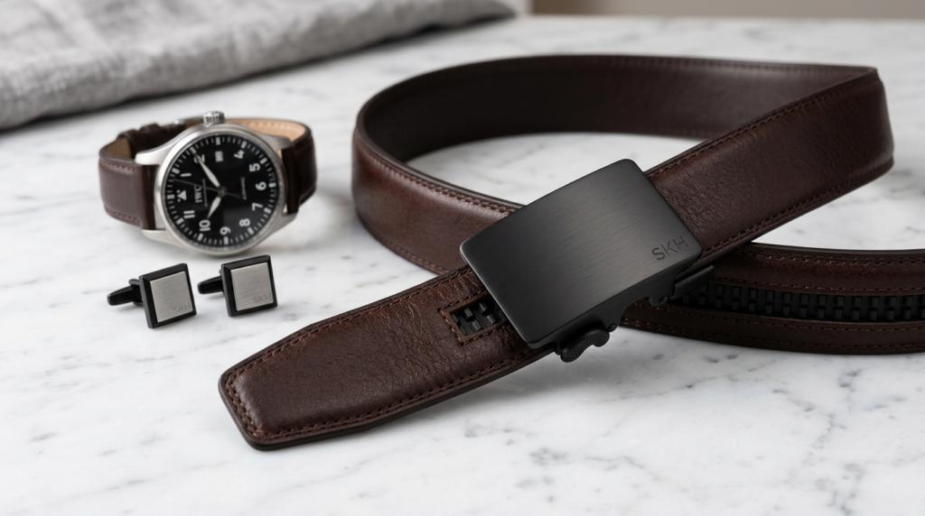 Close-up detail shot of high-quality leather belt with moder