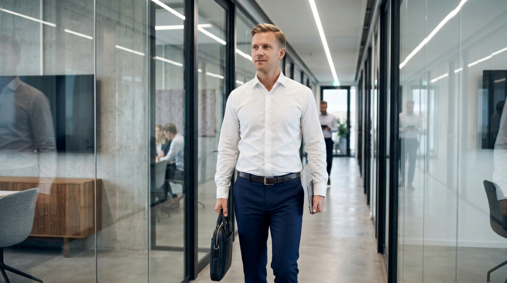 Confident Scandinavian businessman transitioning between mee