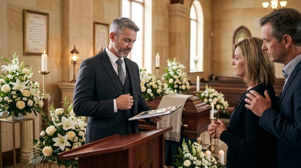 Funeral director standing in an elegant chapel or service ro