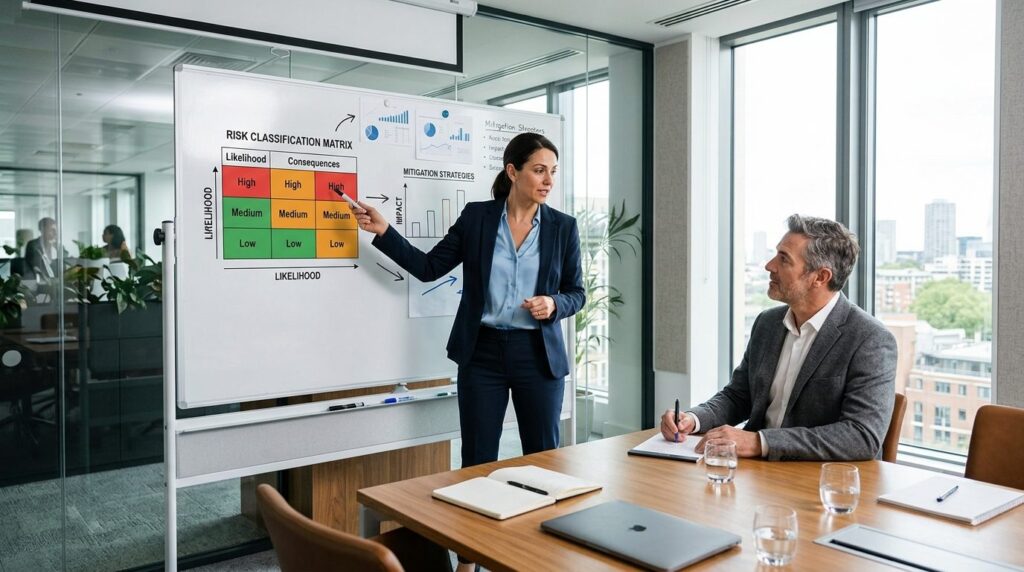 Corporate consultant explaining risk classification matrix t