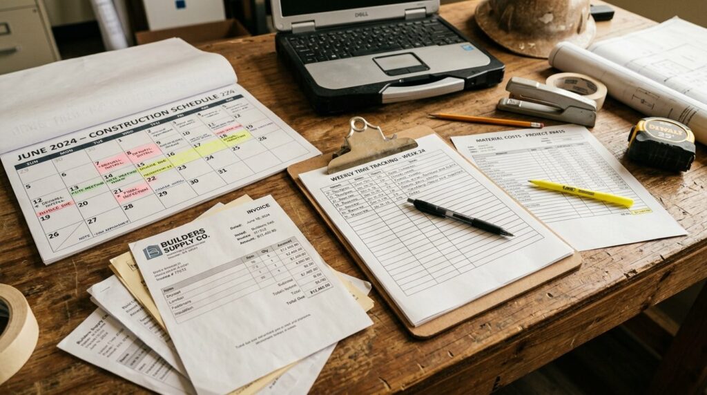 Detaljefoto af byggesag med projektledelse og planlægning synligt på arbejdspladsen.