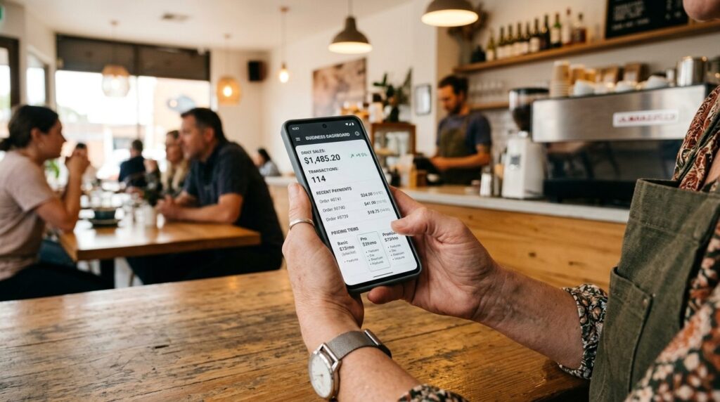 Restaurantejer holder smartphone med finansielle applikationer på skærmen.