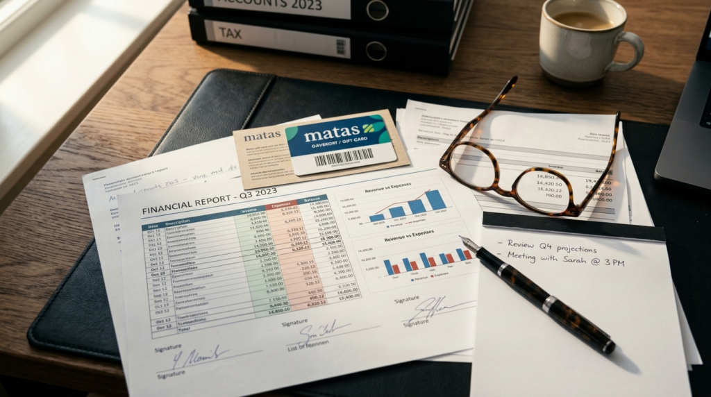 Close-up overhead shot of business documents, spreadsheet pr