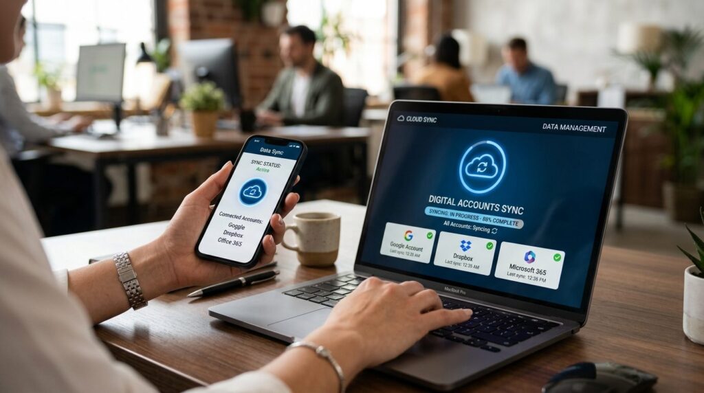 Close-up of hands holding smartphone and laptop showing sync