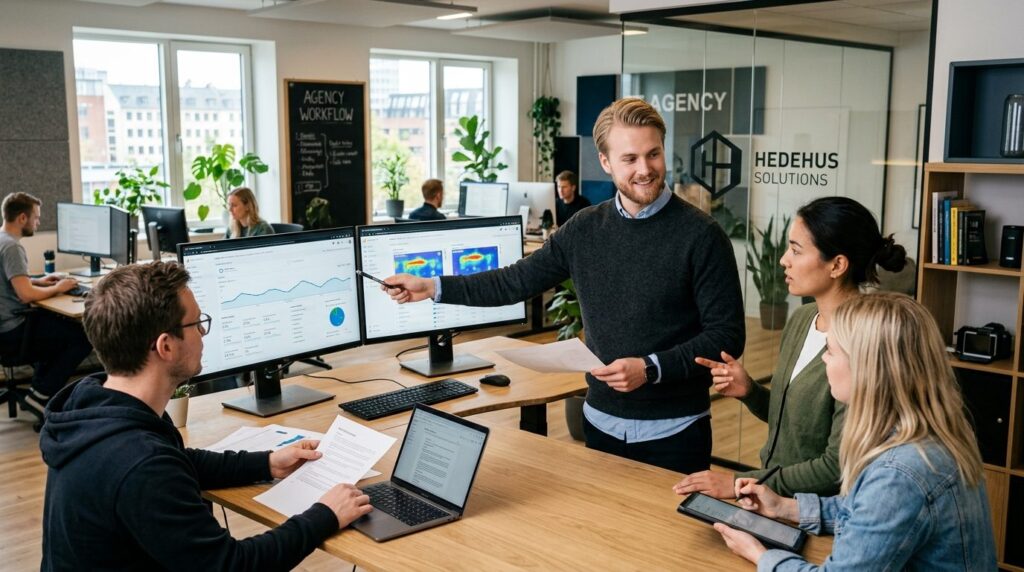 Young Danish entrepreneur with team in background reviewing 