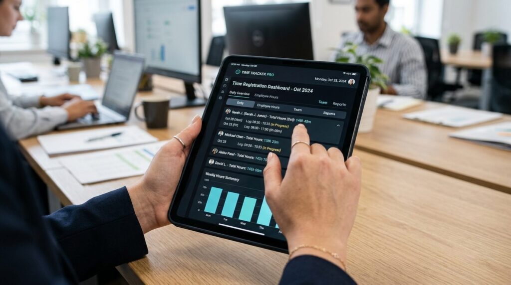 Hænder holder tablet med tidsregistreringssystem på skærmen.