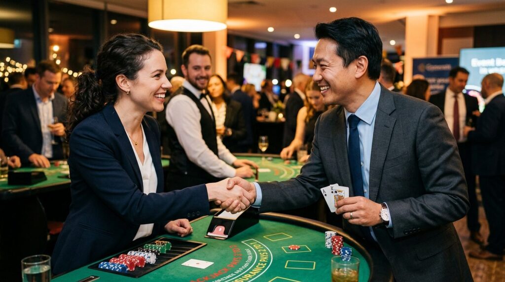 Close-up of business people shaking hands and smiling at a b