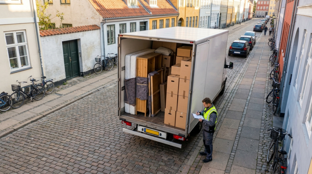 Birds eye view of a moving truck loaded with boxes and furn