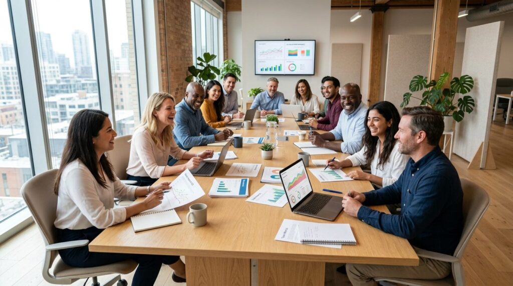 Wide shot of a growing sales team of mixed ages and genders
