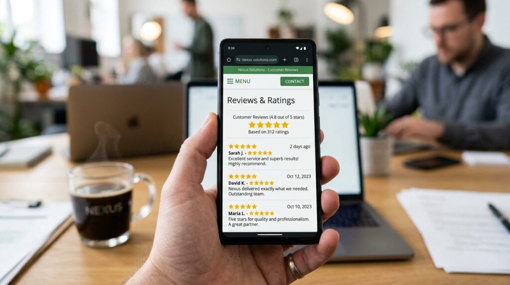 Smartphone viser en webside til en virksomhed på skærmen.