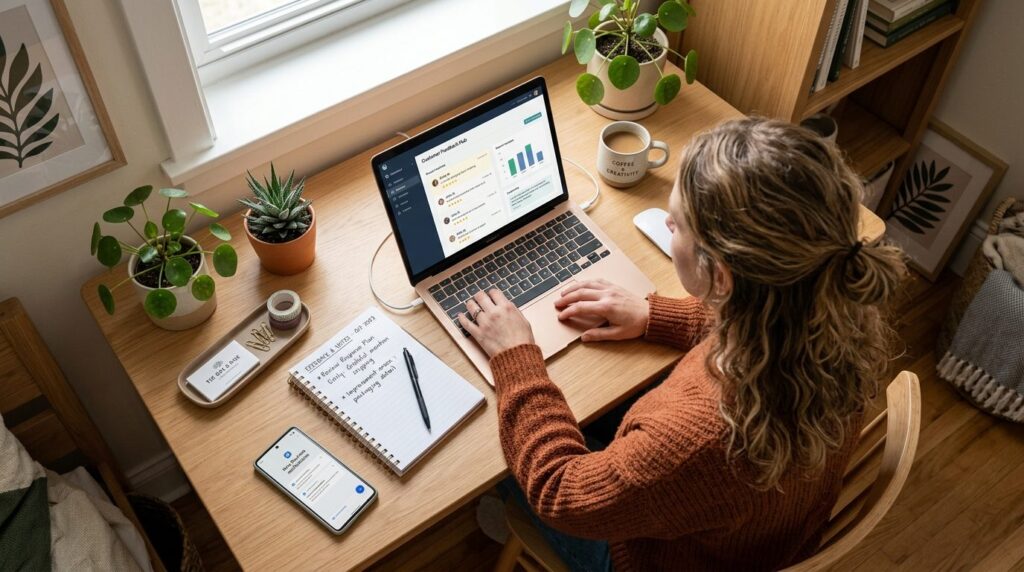 Virksomhedsejer arbejder ved skrivebord med bærbar computer.
