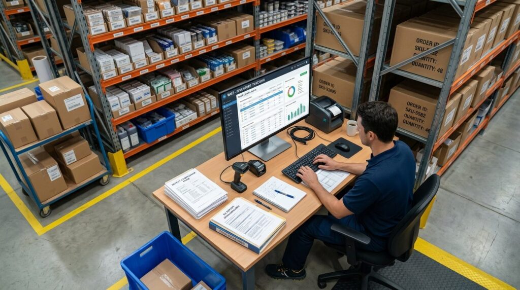Overhead shot of a logistics or warehouse workspace with a c