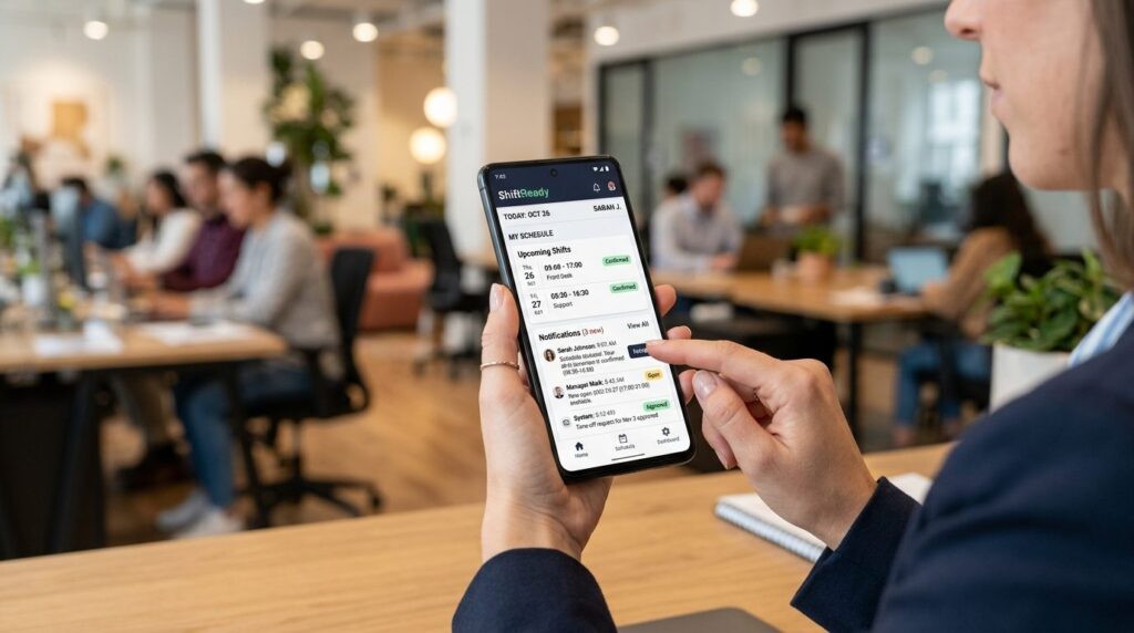 Close-up of hands holding smartphone showing shift managemen