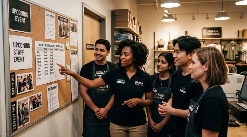 Team of diverse employees in restaurant or retail setting ga