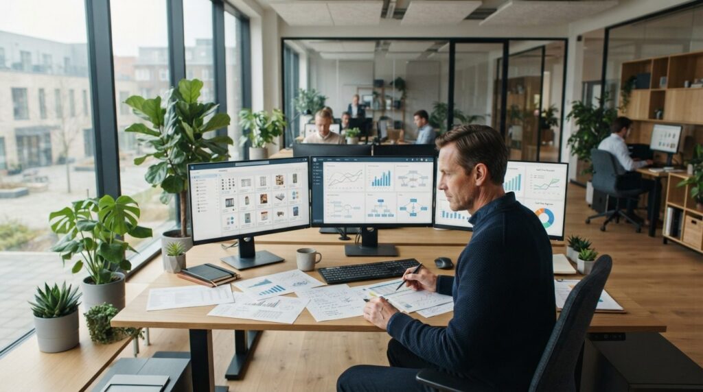 Wide shot of modern Danish office with business owner review