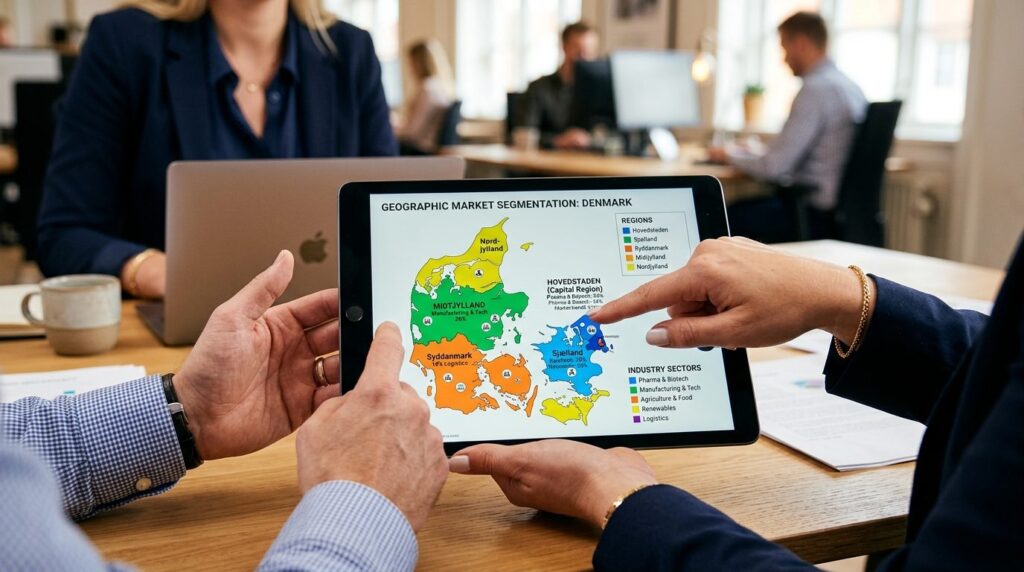 To hænder peger på et geografisk kort opdelt i farvede markedssegmenter.