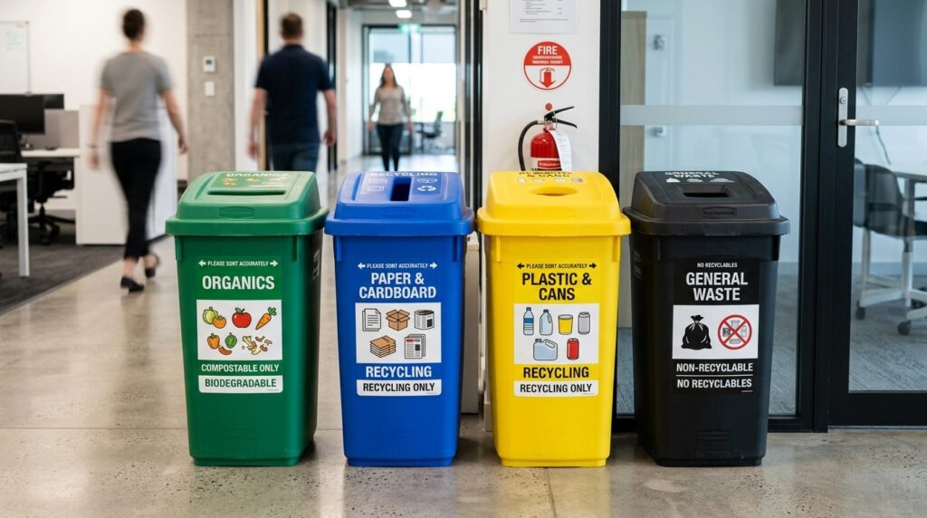Close-up of labeled waste sorting containers and recycling b