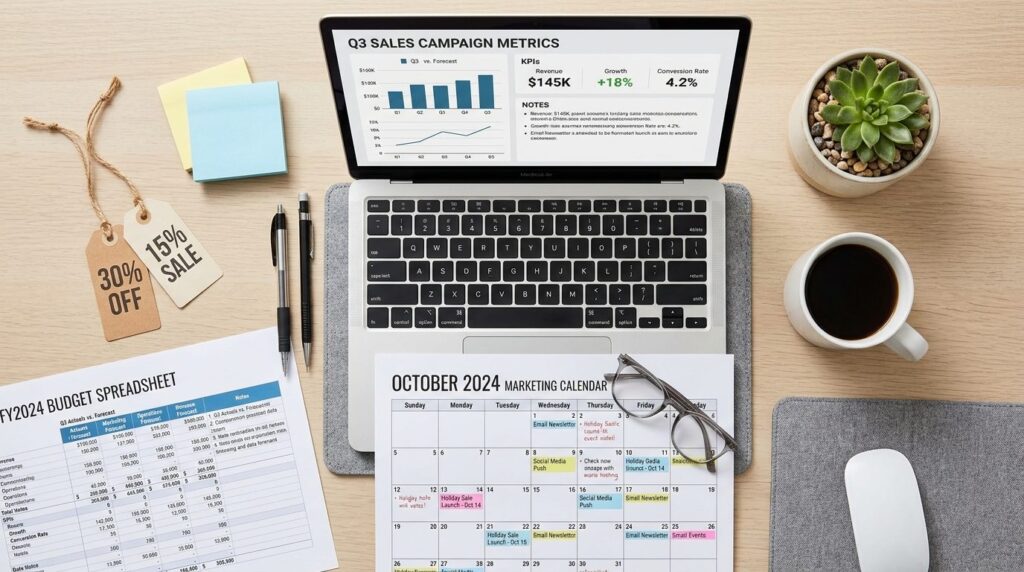 Overhead flat lay stockfoto of a business planning workspace