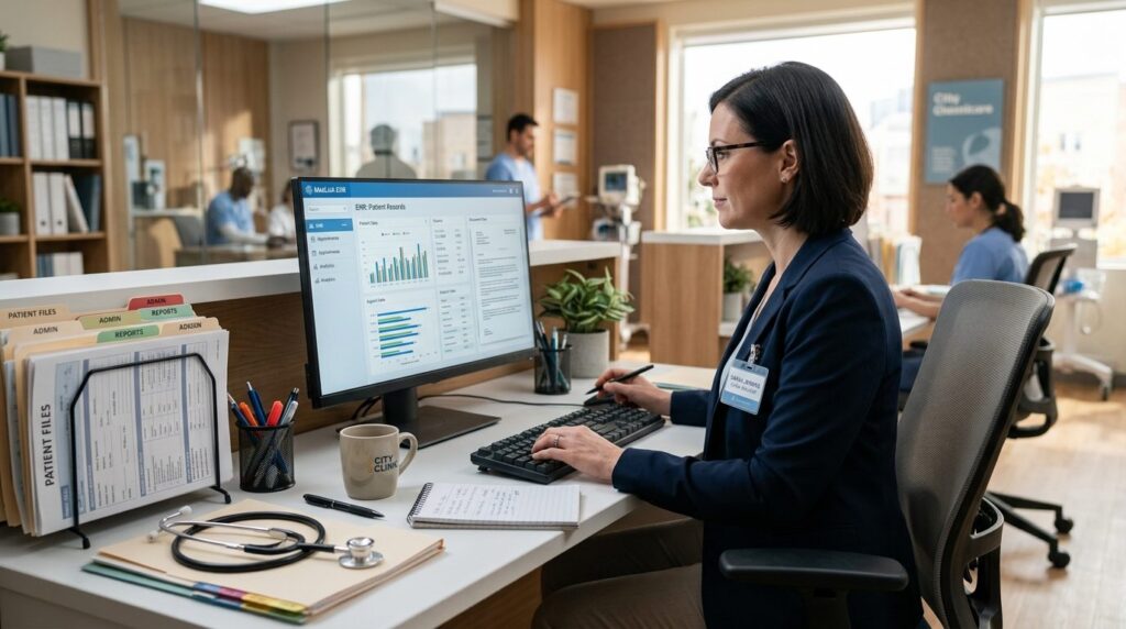 Professional photorealistic image of a clinic manager review