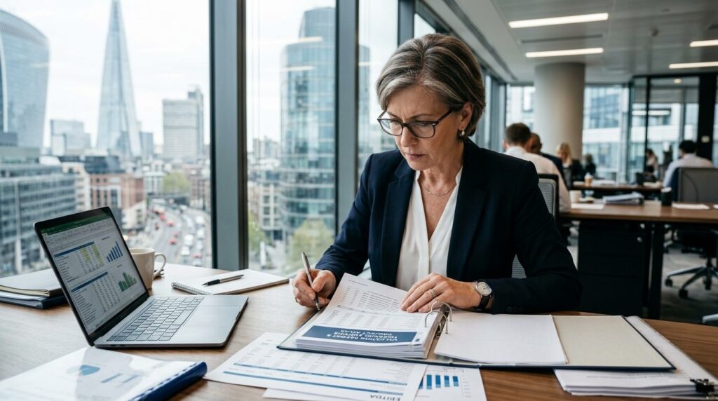 Mature business owner reviewing financial documents and valu